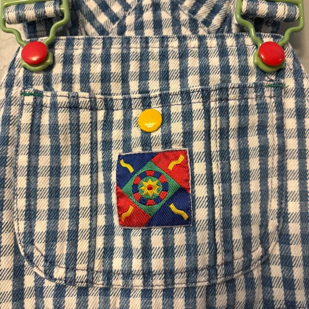Gymboree rainbow tag vintage blue white plaid check sun shortalls overalls small